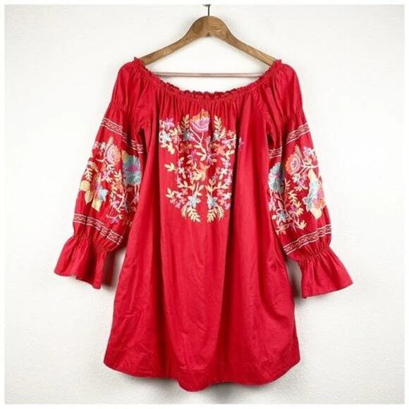 Free People Fleur Du Jour Red Floral Embroidered Off the Shoulder Dress Large - Picture 3 of 6
